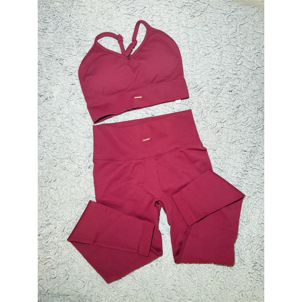 Women's Burgundy 2-Piece Workout Set Sports Bra + Biker Shorts Size M